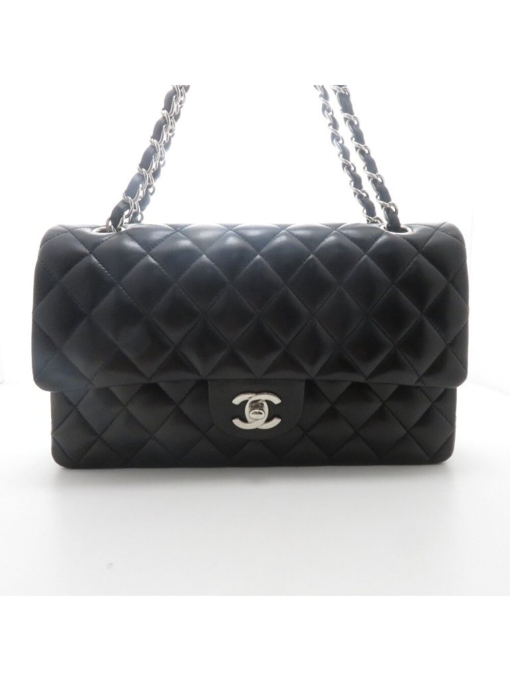 Chanel Quilted Double Flap 25 Chain Shoulder Bag Black Silver Lambskin